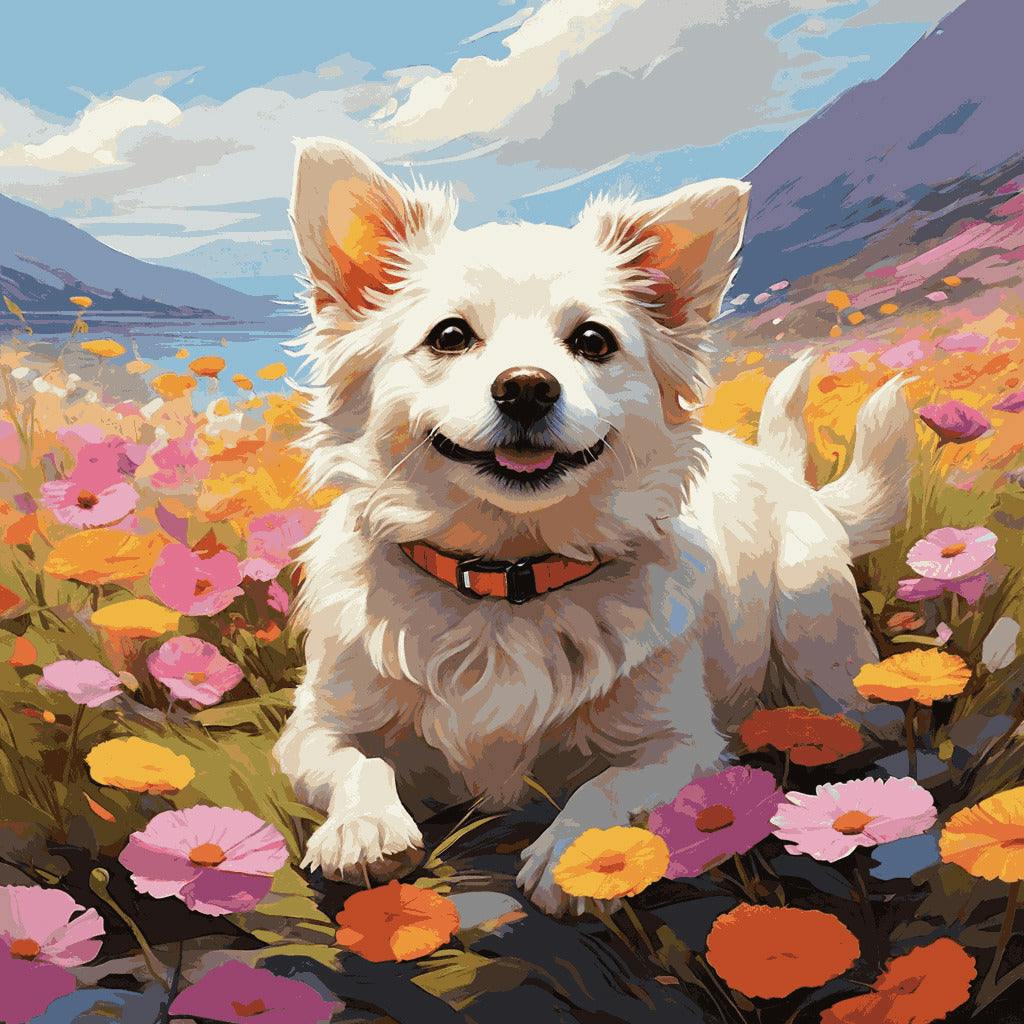 "Happy Dog in Flowers" Paint by Numbers Kit